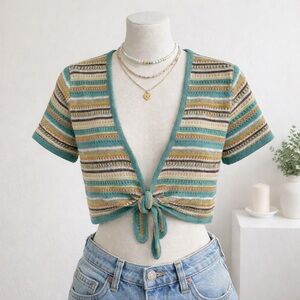 Vintage Alfred Dunner Petite Cropped Knit Tie-Front Cardigan PS